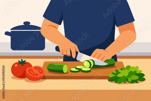 Person preparing a fresh healthy salad, cutting cucumber for a nutritious meal
