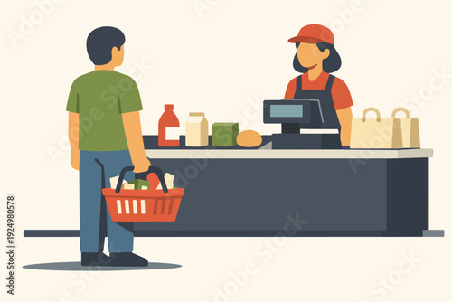 Shopper buying groceries at supermarket checkout counter with cashier serving customer