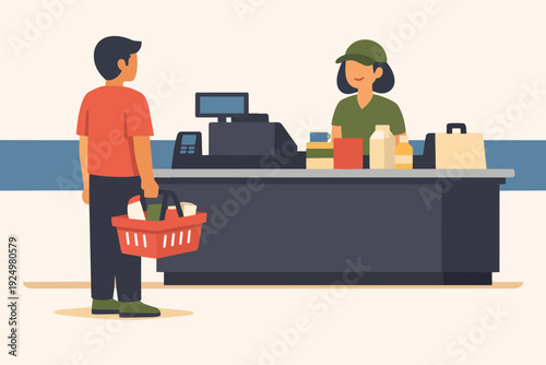 Customer buying groceries, a cashier scanning items at a supermarket checkout