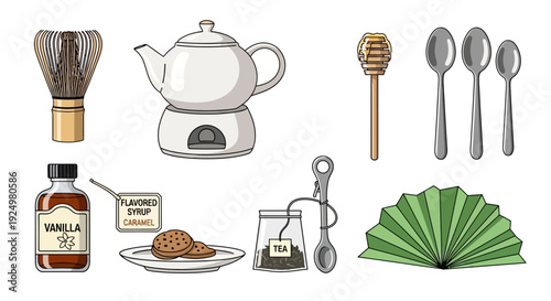 Collection of Tea and Dessert Making Essentials on White Background