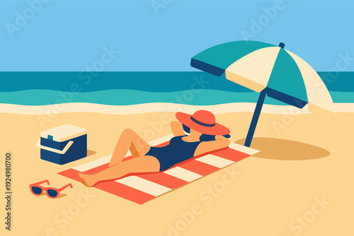 Woman relaxing at beach under umbrella, enjoying summer vacation by the ocean