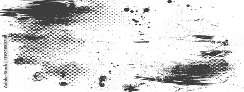 Abstract grunge distressed texture with halftone dots ink splatters and brush strokes in black and white