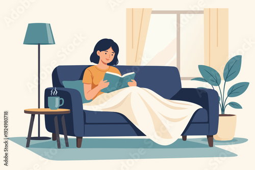 Woman enjoying leisure time reading a book on a cozy sofa at home