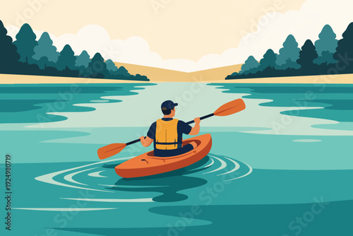 Person paddling a kayak on calm water, surrounded by forest and a summer sky