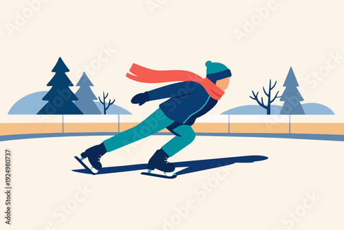 Person speed skating at an outdoor rink during winter, wearing warm clothes