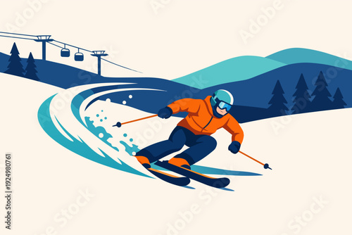 Skier carving down a snowy mountain slope with ski lifts in winter landscape