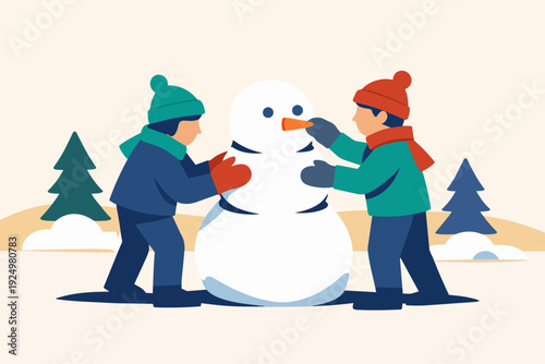 Children building a snowman outdoors, enjoying winter weather and holiday fun