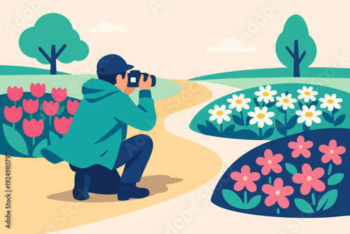 Photographer capturing spring flowers in a park landscape for hobby and relaxation