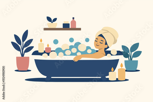 Woman enjoying a spa bath with candles and plants for relaxation and self-care