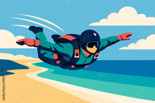 Skydiver flying in freefall over a coastal beach and clear ocean water