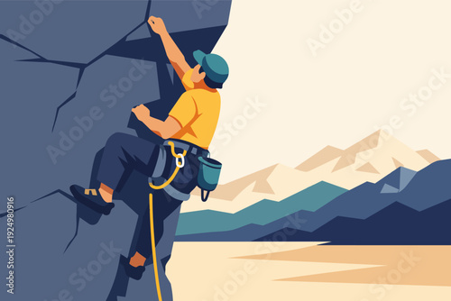 Man rock climbing an outdoor cliff, overcoming challenges and achieving goals