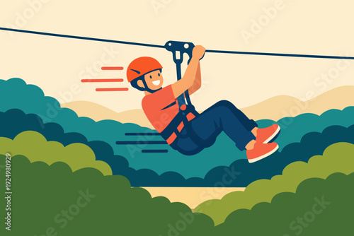 Ziplining adventure over trees, person flying on cable enjoying extreme sport