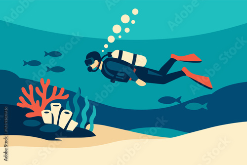 Diver swimming near colorful marine life and fish in a clear blue sea