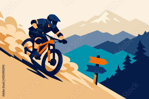 Mountain biker speeding downhill on dusty mountain trail, extreme sport adventure