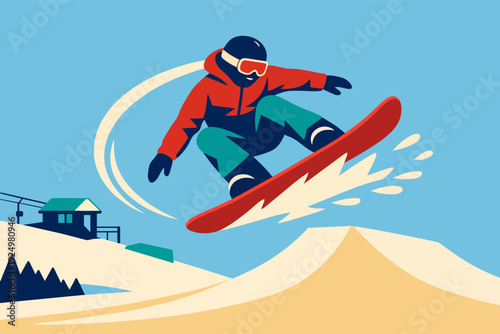 Snowboarder jumping and performing trick on winter mountain landscape