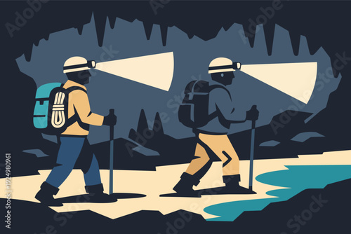 Spelunking team exploring deep cave with headlamps and trekking poles