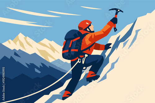 Mountaineer ice climbing snowy mountain peak reaching for success and achievement