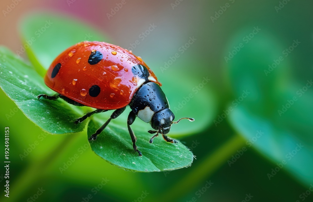 Fototapeta premium Ladybug With Dew Drops on Clover Leaf Macro