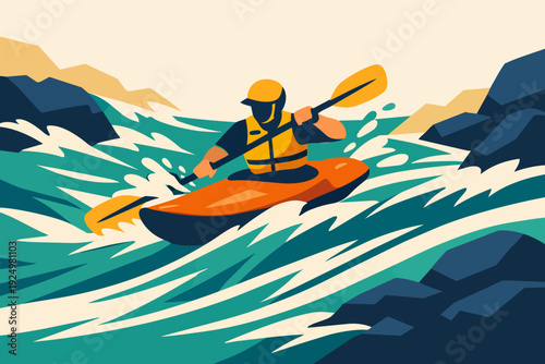 Kayaker paddling a canoe in a whitewater river, extreme water sports adventure