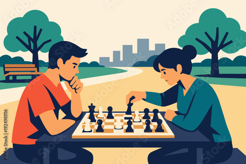 People playing chess in a park, enjoying strategic game and mental concentration