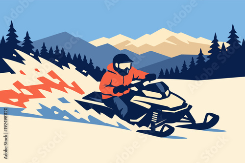Man riding snowmobile on snowy mountain trail, enjoying winter sports adventure