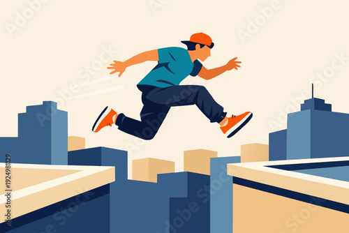 Young man performing parkour, jumping between city rooftops, feeling freedom and agility