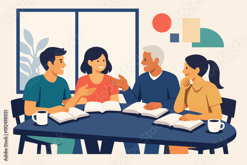 Diverse people learning and collaborating, engaging in a group discussion around books