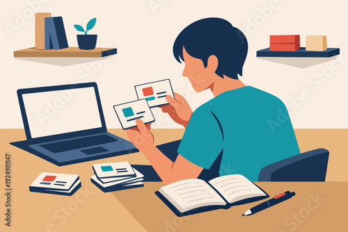 Student using flashcards and laptop for online learning at home desk