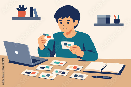 Person studying using flashcards and laptop, organizing information for education