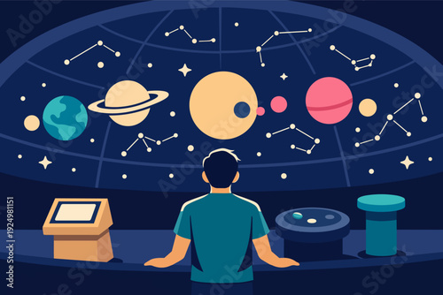 Person observing projecting solar system and constellations in a planetarium