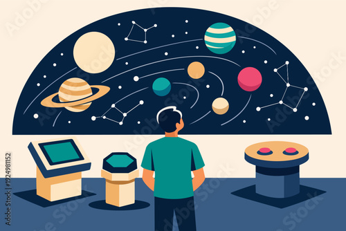 Man exploring solar system and constellations display in a planetarium room