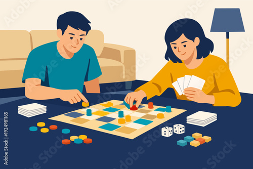 Couple enjoying board game night at home, playing and having fun together