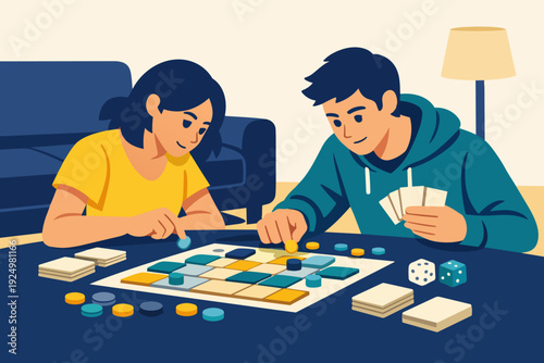 Young couple enjoying leisure time playing board game with cards and dice at home