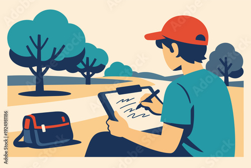 Young man drawing in a park, capturing creativity and nature in a sketch