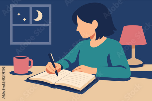 Woman writing in journal at night, creating a story or personal memories