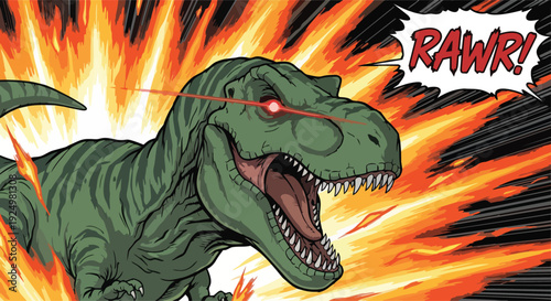 A cartoon Tyrannosaurus Rex roars loudly with a fierce expression in a comic style illustration