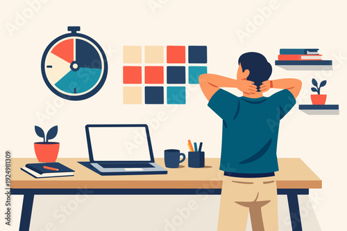 Man stretching during work break, managing time and tasks for productivity