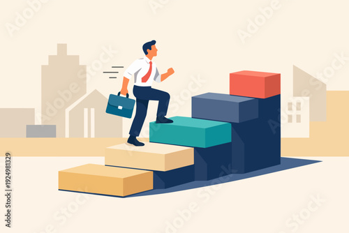 Business professional climbing steps, achieving career growth and success
