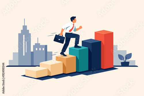 Businessman stepping up bar chart blocks achieving career growth and success