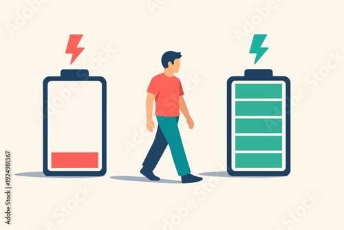 Person moving from low energy to full charge, concept of life restoration