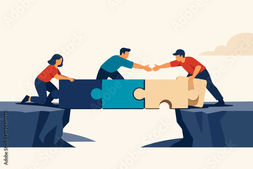 People collaborating, building puzzle bridge over gap, illustrating teamwork and connection