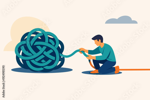 Man solving problem untangling a complex knot of rope representing confusion