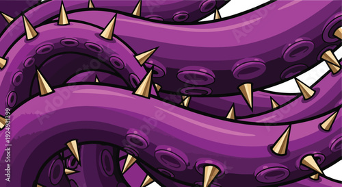 Illustration of intertwined purple tentacles with sharp yellow spikes from a close-up viewpoint