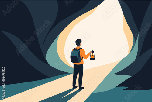Person exploring dark cave holding lantern toward bright light of discovery