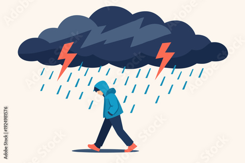 Person walking alone under storm cloud, facing mental health challenges and sadness