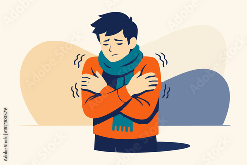 Man shivering, feeling cold outdoors, experiencing flu symptoms and fever