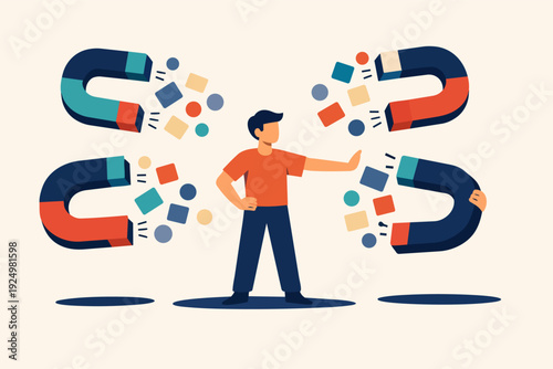 Man resisting multiple distractions, focusing on important tasks and avoiding pulls