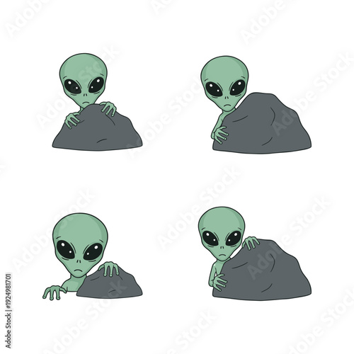 Obraz na plátne Alien peeking out from under a blanket in different poses with curious expressio