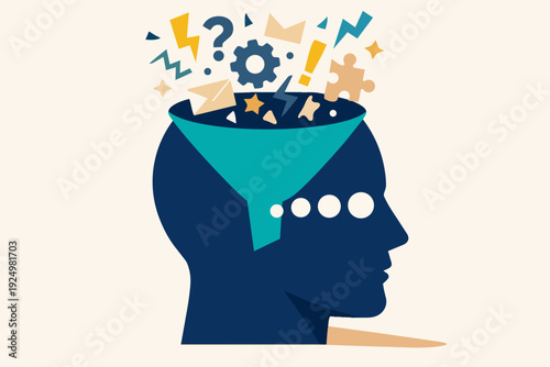 Human head holding a funnel, filtering complex information and knowledge data