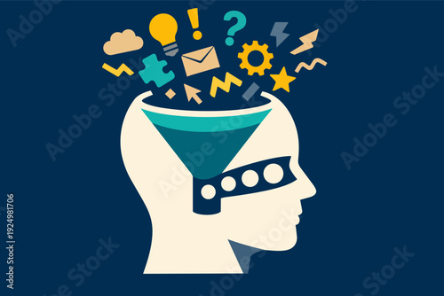 Human head processing information and filtering creative thoughts through funnel